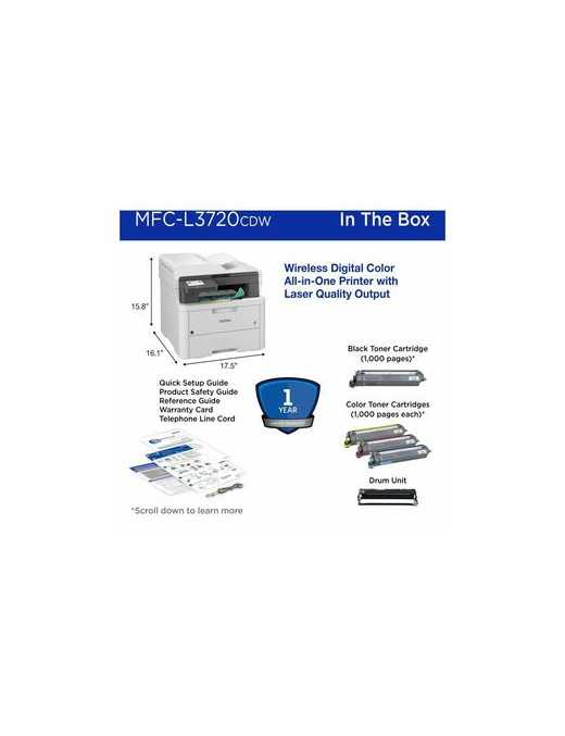Brother MFC-L3720CDW Wireless Laser Multifunction Printer - Color - Copier/Fax/Printer/Scanner - 19 ppm Mono/19 ppm Color Print 