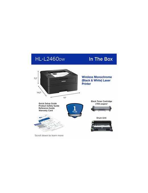 Brother HLL2460DW Desktop Wired Laser Printer - Monochrome - 36 ppm Mono - 1200 x 1200 dpi Print - Automatic Duplex Print - 250 