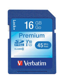 Verbatim 16GB Premium SDHC Memory Card, UHS-I V10 U1 Class 10 - 20 MB/s Read - 9 MB/s Write - Lifetime Warranty
